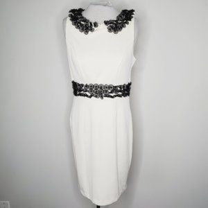 Darling London Sheath Dress Retro Floral Applique Lady-like Collared Cream